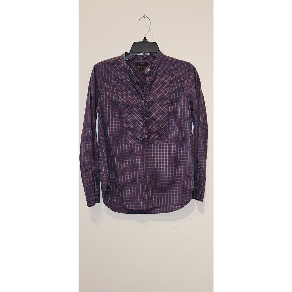 J.Crew Women’s Plaid Long Sleeve‎ Blouse Size 4 Navy Red Pullover Top 26” Length